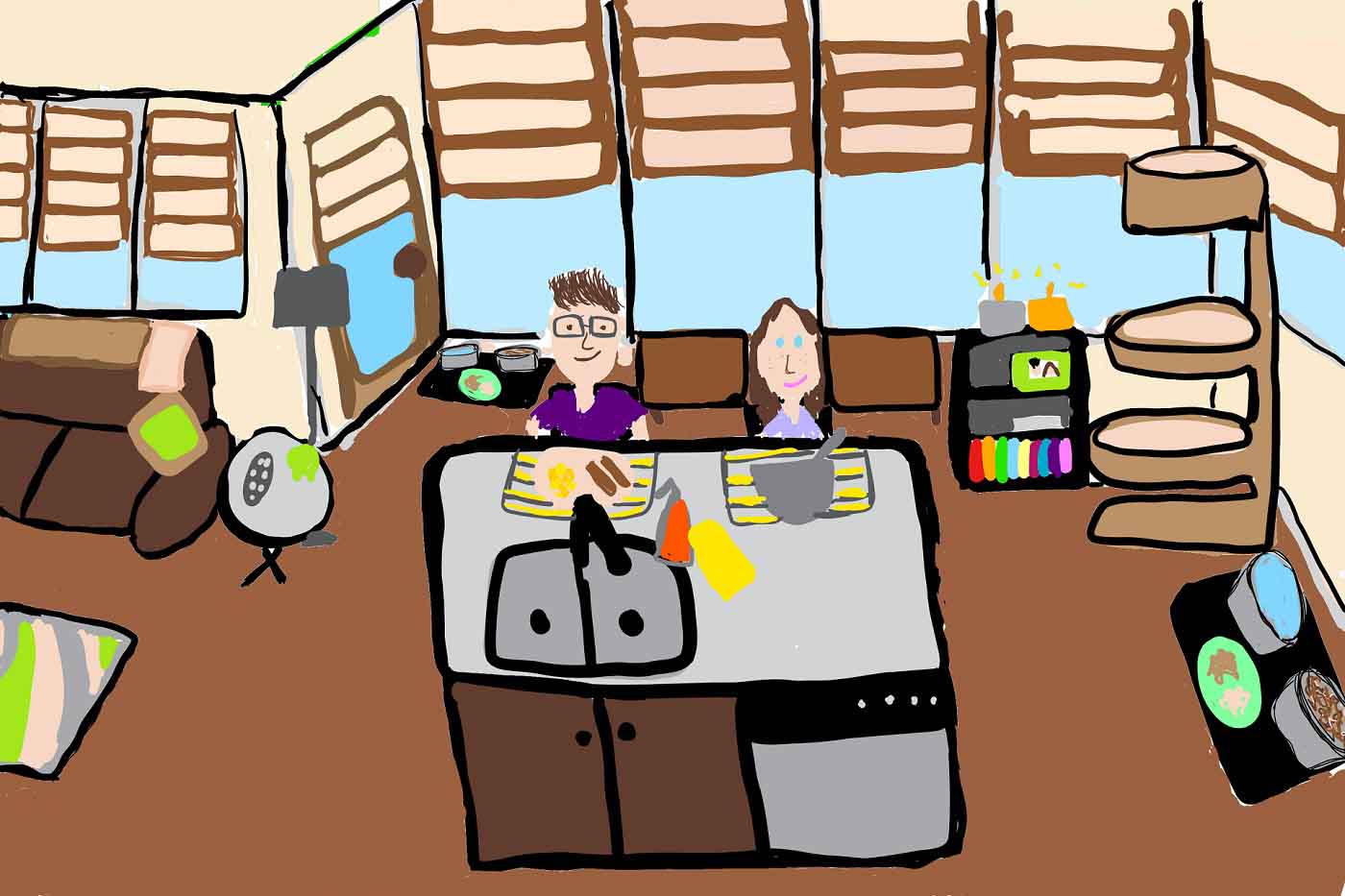 Drawing of a couple eating in the kitchen